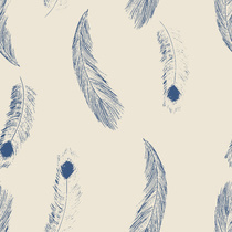 Hand Drawn Feather Pattern in Cobalt Blue on Cream