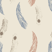 Hand Drawn Feather Pattern in Blue, Russet, and Taupe on Cream